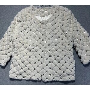 Collection18, Elegant White Faux Fur Jacket With Sequins Accents, Sleeves 3/4 ML